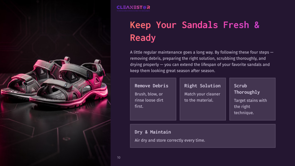 10 Keep Your Sandals Fresh And Ready Close-Up Of Two Grey And Black Athletic Sandals With Pink Accents, Resting On A Dark, Textured Background With Faint Circuit Board Patterns. The Cleanestor Logo Is Visible In The Upper Right Corner.
