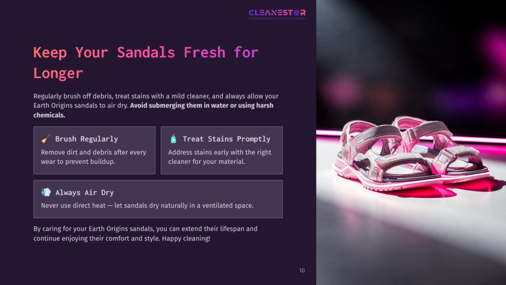 Close-Up Of Pink Earth Origins Sandals On A Reflective Surface, Accompanied By Tips For Cleaning And Maintaining Footwear.