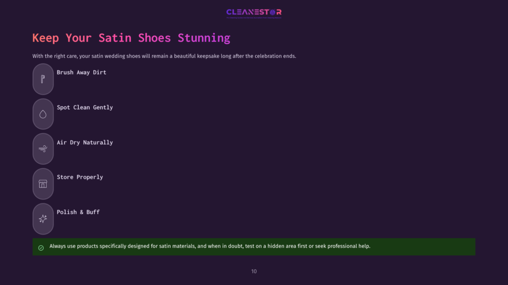 Cleanestor Logo And Text: &Quot;Keep Your Satin Shoes Stunning.&Quot; Icons Show How To Clean And Store Satin Shoes: Brush Away Dirt, Spot Clean, Air Dry, Store Properly, And Polish.