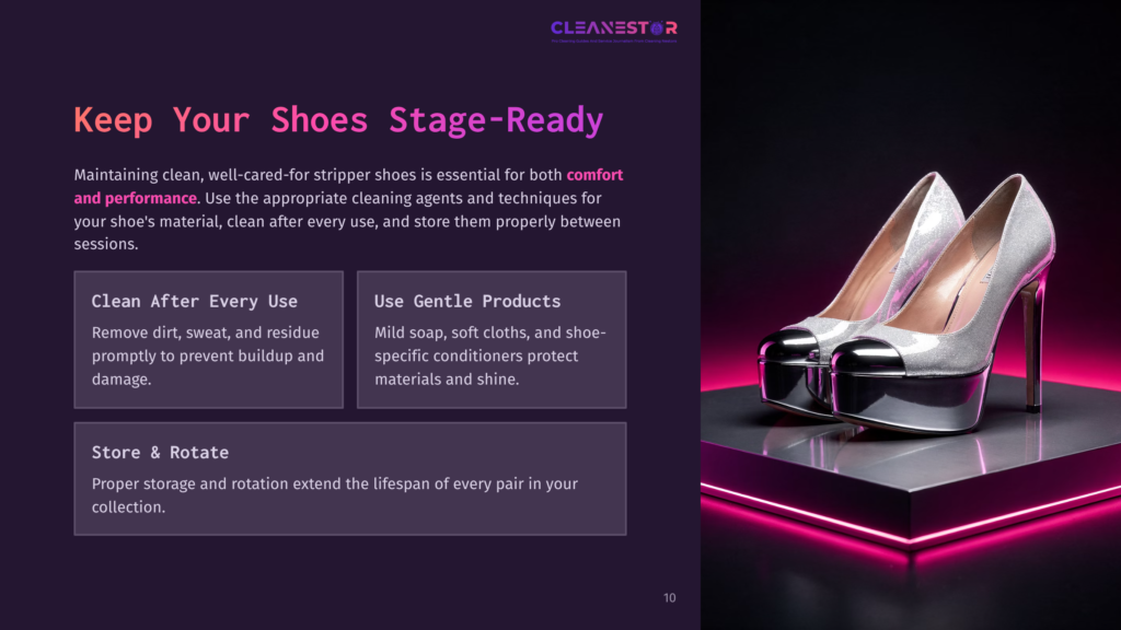 10 Keep Your Shoes Stage Ready Sparkling Silver Stripper Heels With A Platform And High Stiletto Heel, Lit By Neon Pink Light, On A Dark Reflective Surface. Text Overlay Reads &Quot;Cleanestar&Quot; And &Quot;Keep Your Shoes Stage-Ready&Quot;.