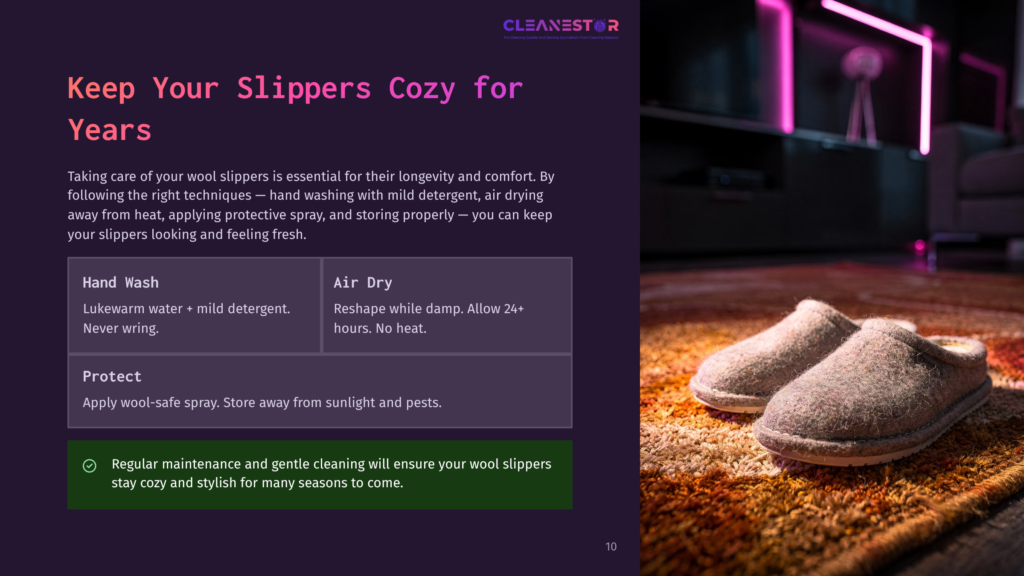 Close-Up Of Two Cozy Wool Slippers Resting On A Textured, Colorful Rug. The Slippers Are A Natural Brown Wool, And The Rug Has Shades Of Orange, Yellow, And Brown. The Background Is Dark And Out Of Focus, Suggesting A Living Room Setting.