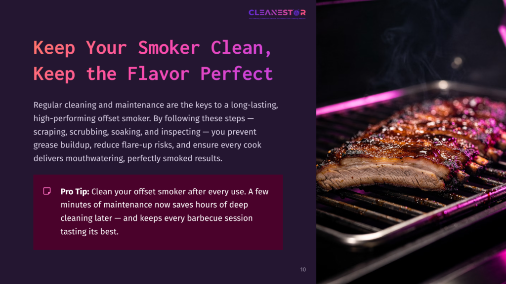 Juicy, Grilled Meat With Grill Marks On A Dark Plate, Accompanied By A Purple Background With Text Highlighting Cleaning Tips For Smokers.