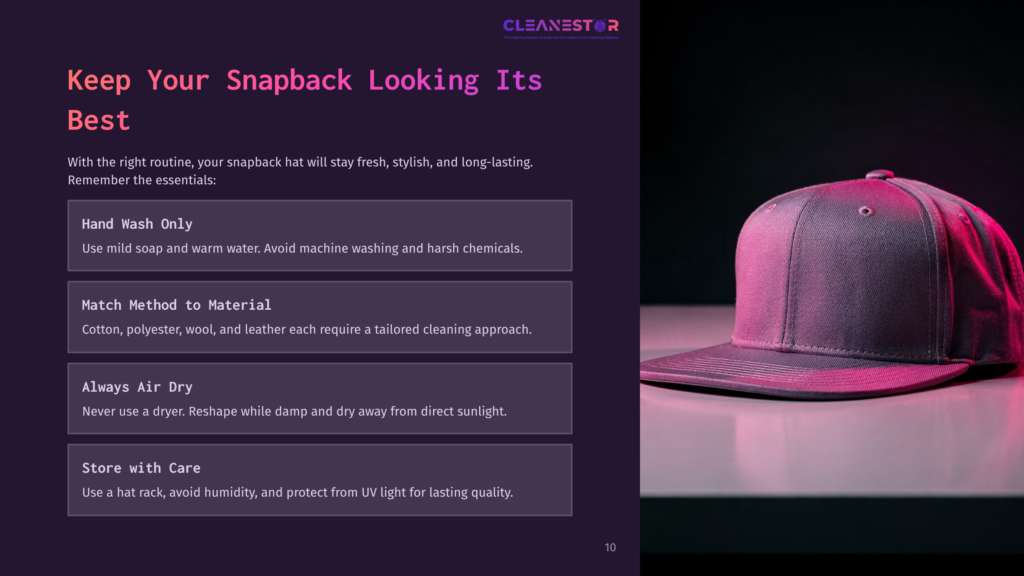 10 Keep Your Snapback Looking Its Best A Close-Up Of A Dark Grey Snapback Hat, Illuminated By Pink And Purple Lighting, Against A Dark Background. Text On The Left Provides Tips For Cleaning Snapback Hats.