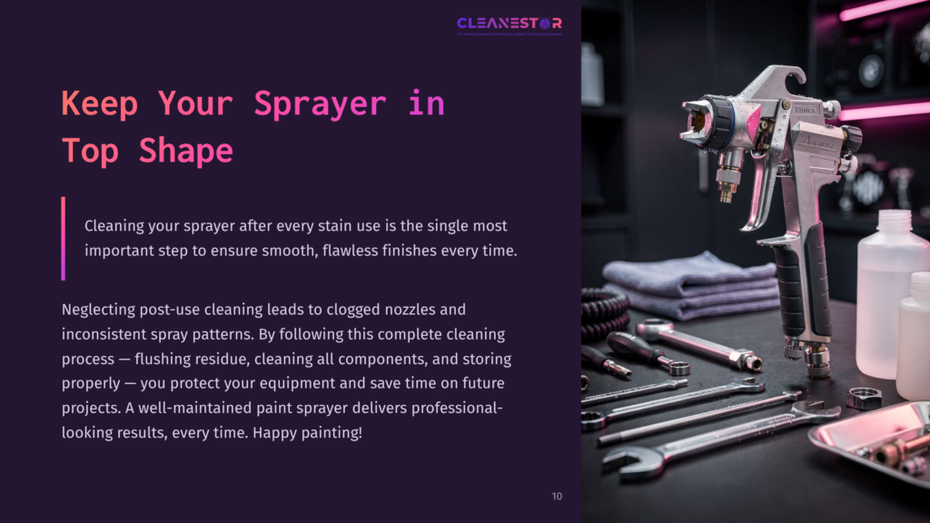 A Paint Sprayer On A Workbench Surrounded By Cleaning Tools, With Colorful Backgrounds Highlighting Maintenance Tips And Instructions.