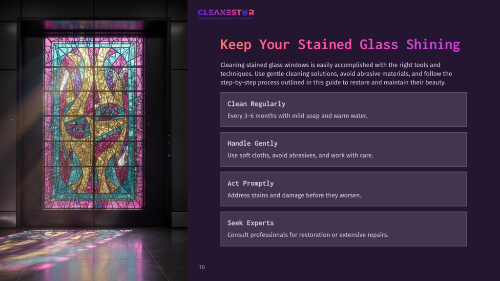 A Colorful Stained Glass Window Depicting Abstract Shapes And Patterns Illuminates A Room With Soft, Purple Lighting.