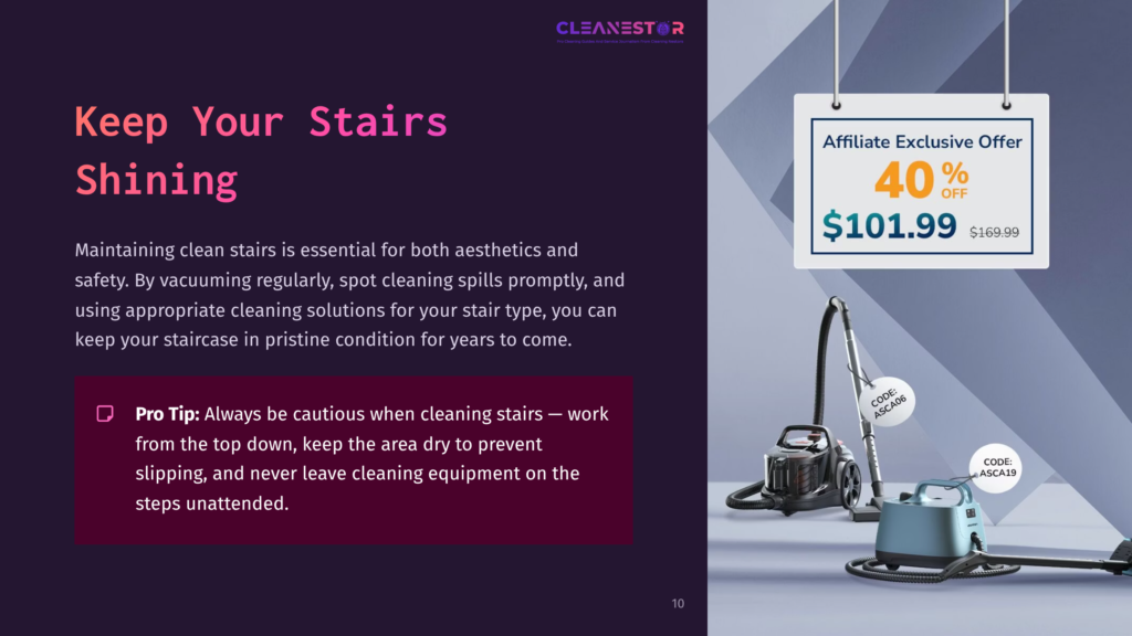 A Modern Vacuum Cleaner Next To A Promotional Sign Displaying 40% Off, Set Against A Dark Background With Clean Stairs In Focus.