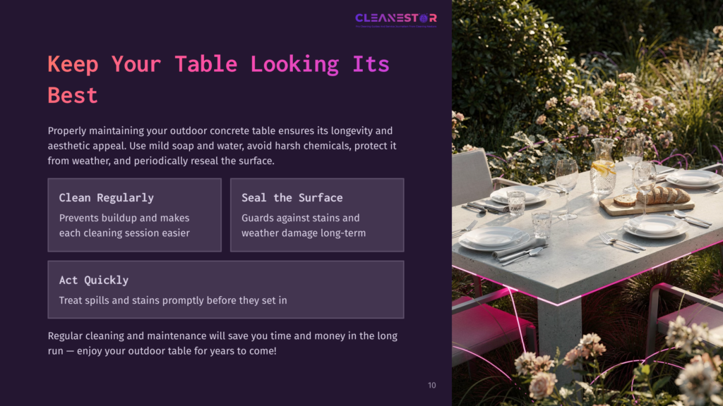 A Concrete Outdoor Table Set With Plates And Glasses, Surrounded By Greenery And Soft Pink Lighting, Highlighting A Clean, Inviting Space.