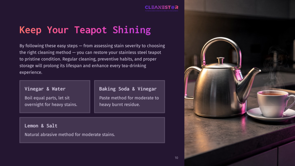 A Stainless Steel Teapot Sits On A Countertop Next To A Cup, With A Dark Background And Text Boxes Outlining Cleaning Methods.