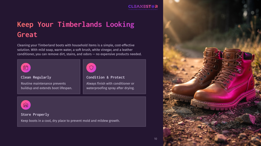 10 Keep Your Timberlands Looking Great Two Rich, Brown Timberland Boots Stand On A Dusty, Sun-Dappled Path, With Greenery Blurred In The Background. Text Overlay Reads &Quot;Cleanestor&Quot; And &Quot;Keep Your Timberlands Looking Great&Quot;.