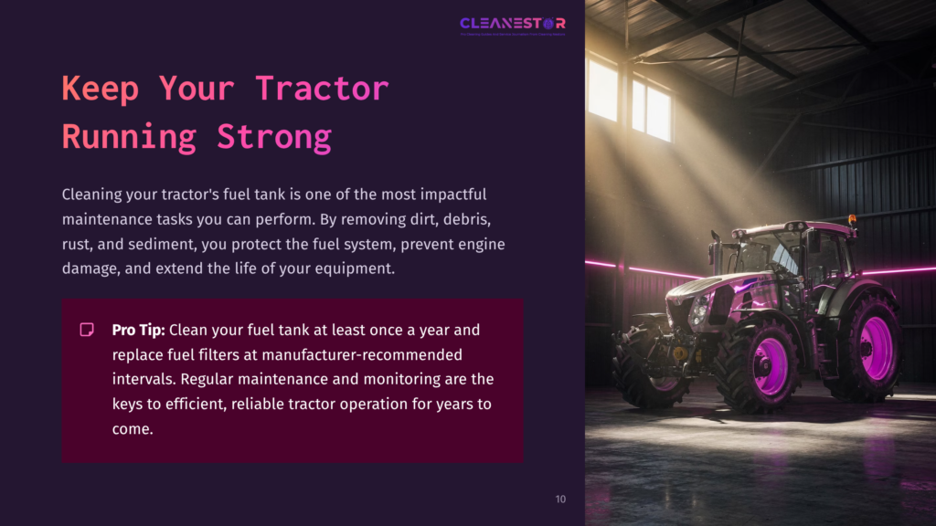 10 Keep Your Tractor Running Strong A Powerful, Modern Purple Tractor Sits In A Dimly Lit, Dusty Barn, Illuminated By Dramatic Shafts Of Sunlight. The Text &Quot;Keep Your Tractor Running Strong&Quot; Is Overlaid On The Left.