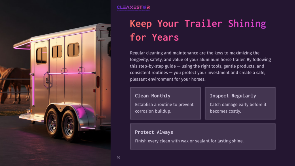 A Silver Aluminum Horse Trailer With Two Horse Compartments, Parked Near A Fence, With Text Outlining Cleaning And Maintenance Tips.