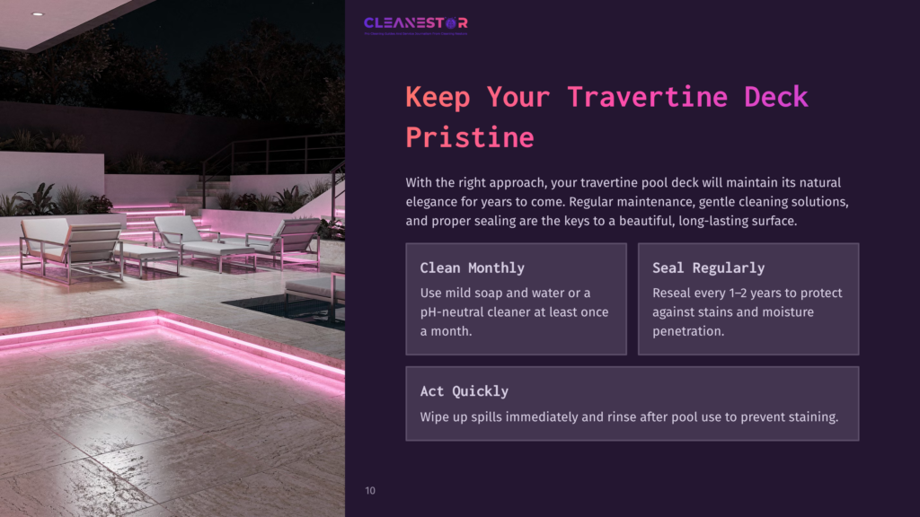A Modern Outdoor Living Space With A Travertine Pool Deck Illuminated By Pink Led Lights At Night. Comfortable Lounge Chairs Are Arranged Around A Pool, With A Dark Sky And Trees In The Background. Text Overlay Reads &Quot;Cleanestor&Quot; And &Quot;Keep Your Travertine Deck Pristine&Quot;.