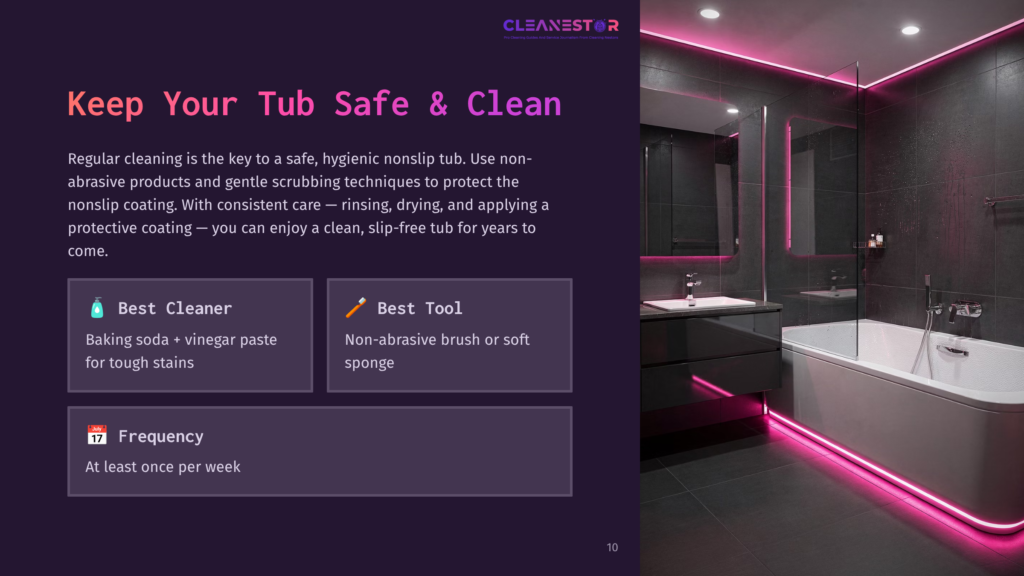 A Modern, Sleek Bathroom With A Freestanding Bathtub, A Large Mirror, And Ambient Pink Led Lighting. The Text Overlay Reads &Quot;Cleanestor&Quot; And &Quot;Keep Your Tub Safe &Amp; Clean.
