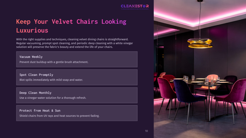 10 Keep Your Velvet Chairs Looking Luxurious Luxurious Velvet Dining Chairs In Jewel Tones Of Purple And Magenta Are Arranged Around A Polished Table In A Modern, Dimly Lit Dining Room With Dramatic Pink Uplighting. Text Overlay: &Quot;Cleanestor&Quot;.