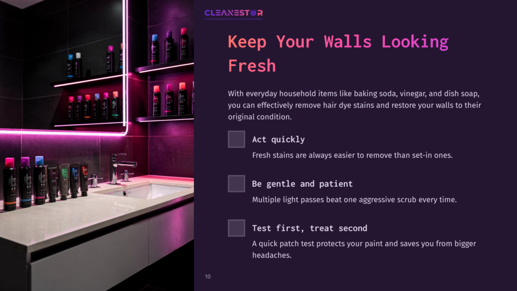 Cleanestor Logo And Text &Quot;Keep Your Walls Looking Fresh&Quot; With Tips On Removing Hair Dye Stains From Walls, Next To A Modern Bathroom Vanity With Pink Neon Lighting.