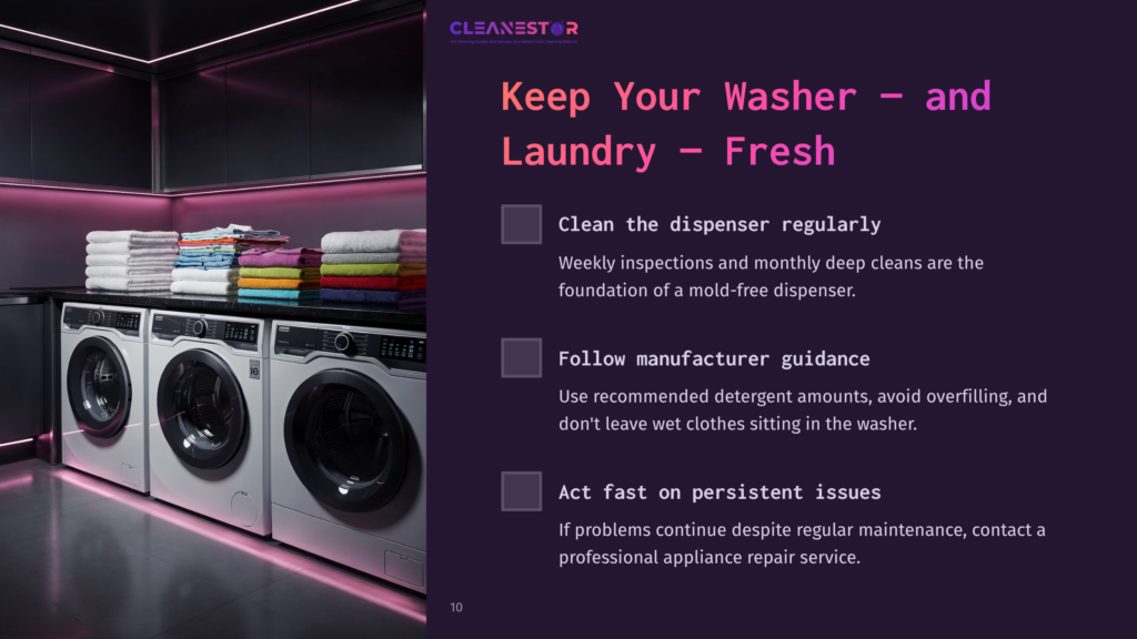 10 Keep Your Washer And Laundry Fresh Modern Laundry Room With Three Front-Loading Washing Machines And Neatly Folded Towels In Various Colors. Text On The Right Reads &Quot;Cleanestor Keep Your Washer - And Laundry - Fresh.