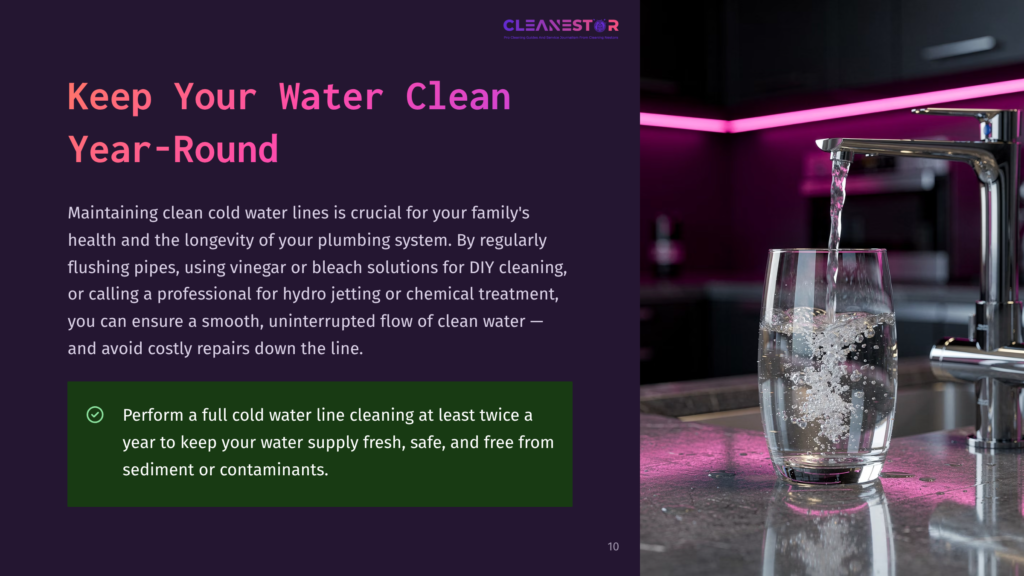 A Modern Kitchen Faucet Dispenses Clear, Cold Water Into A Glass, With The Text &Quot;Keep Your Water Clean Year-Round&Quot; Visible On The Left.