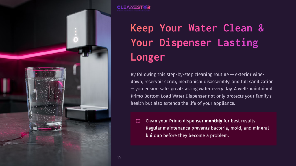 10 Keep Your Water Clean And Your Dispenser Lasting Longer A Clear Glass Sits On A Countertop Beside A Silver Bottom Load Water Dispenser With A Sleek Design, Featuring A Dark Background.
