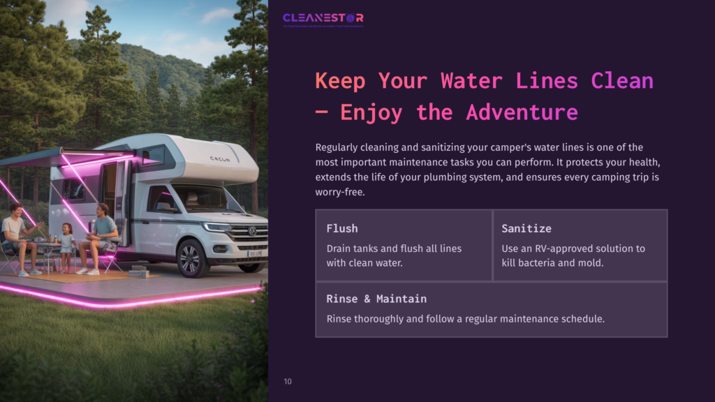 A Family Enjoys A Sunny Day Outside Their Clean Rv, With Text Overlay Promoting &Quot;Cleanestor&Quot; And Tips For Keeping Rv Water Lines Clean And Sanitized For Worry-Free Adventures.