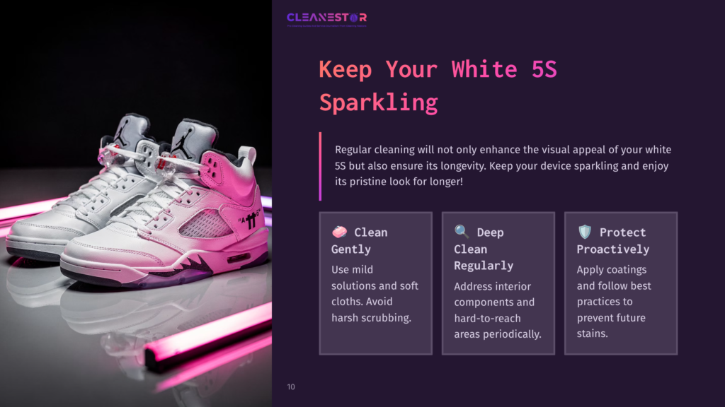 Two Pristine White And Pink Air Jordan 5 Sneakers Sit On A Reflective Surface, Illuminated By Vibrant Pink Neon Lights. Text Overlay Reads &Quot;Keep Your White 5S Sparkling.