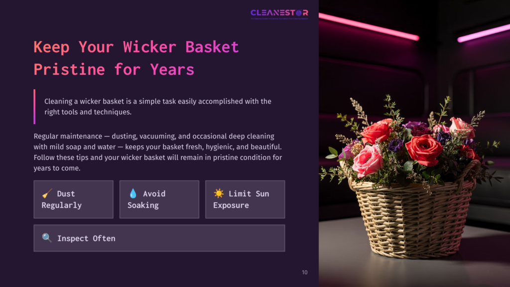A Wicker Basket Overflowing With Vibrant Red, Pink, And Yellow Roses Sits On A Dark Surface. The Text On The Left Advises On Keeping Wicker Baskets Pristine For Years, With Tips Like &Quot;Dust Regularly,&Quot; &Quot;Avoid Soaking,&Quot; And &Quot;Limit Sun Exposure.