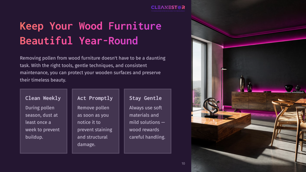 10 Keep Your Wood Furniture Beautiful Year Round Modern Living Room With Dark Wood Furniture And Vibrant Pink Ambient Lighting. The Image Highlights A Sleek Media Console, A Wooden Coffee Table, And Chairs, With Text Overlay Promoting &Quot;Clean Your Wood Furniture Beautifully Year-Round&Quot;.