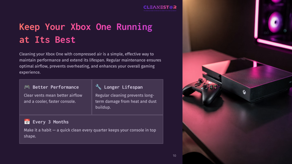 Xbox One Console And Controller On A Dark Desk, With Text Overlay Promoting &Quot;Keep Your Xbox One Running At Its Best&Quot; And Tips For Better Performance And Longer Lifespan.
