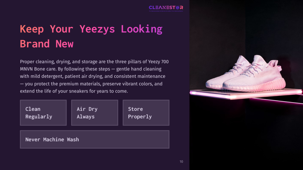 Cleanestor Logo At The Top Of The Image, With A Pair Of White Yeezy 700 Mnvn Bone Sneakers Resting On A Glowing Pink Platform Against A Dark Background. Text On The Left Describes How To Keep Yeezys Clean, Dry, And Stored Properly.