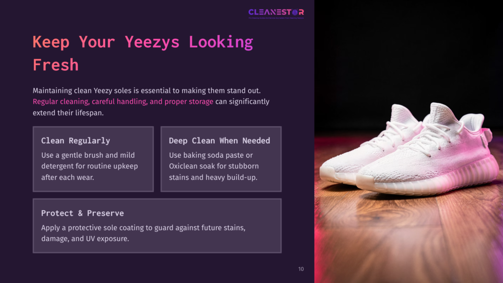 10 Keep Your Yeezys Looking Fresh A Pair Of Pristine White Yeezy Boost 350 V2 Sneakers With Translucent Soles Rest On A Wooden Floor. The Text &Quot;Cleanestor&Quot; Is Visible At The Top.