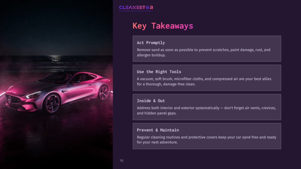 A Sleek Pink Sports Car Parked In A Dark Setting, With A Glowing Purple Backdrop And Text Overlay About Cleaning Tips.