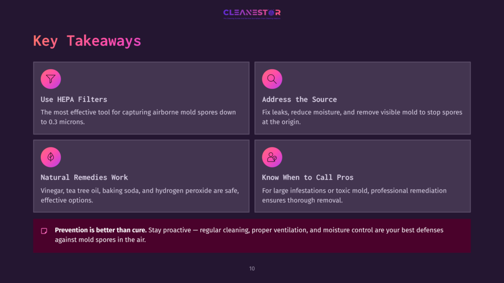 A Dark-Themed Infographic Highlighting Key Takeaways About Cleaning Mold Spores, Featuring Colored Boxes With Text On Hepa Filters, Sources, Natural Remedies, And Prevention Tips.