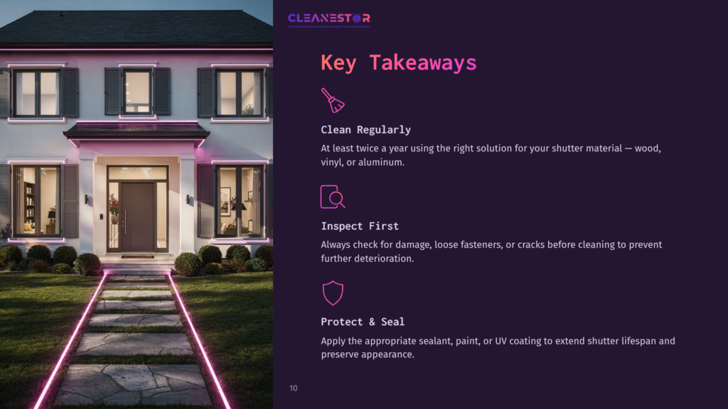 10 Key Takeaways 101 Cleanestor Logo And &Quot;Key Takeaways&Quot; For Shutter Cleaning: Clean Regularly, Inspect First, Protect &Amp; Seal. A Modern House With Illuminated Pathways Is In The Background.