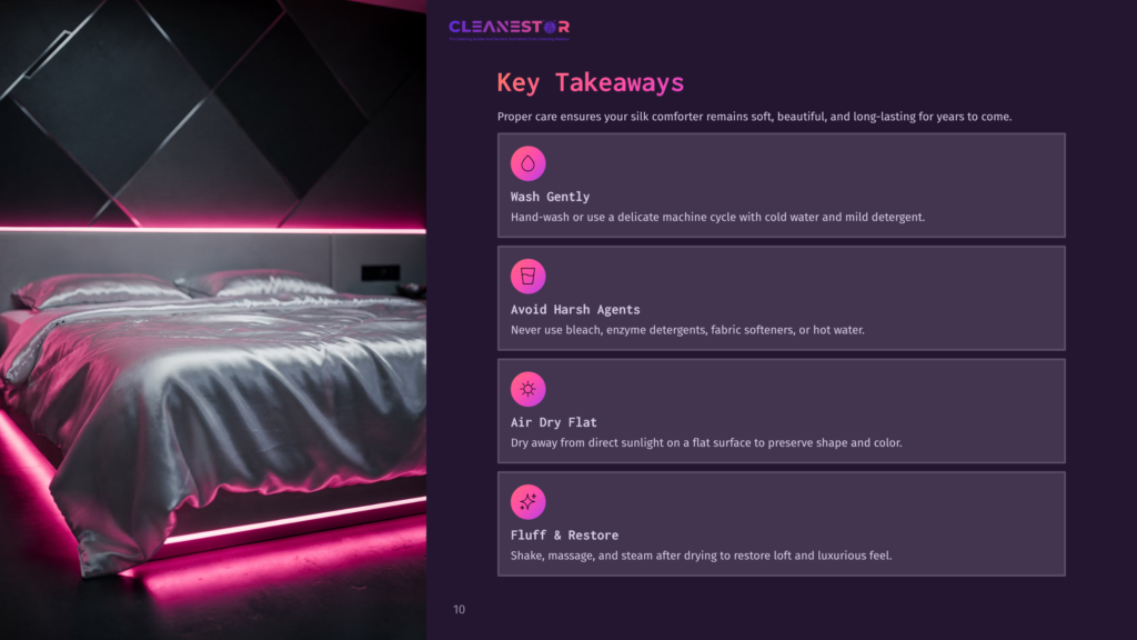 A Neatly Made Bed With A Silver Silk Comforter And Pink Led Lighting, Accompanied By Cleaning Tips On The Right Side In A Bold Layout.