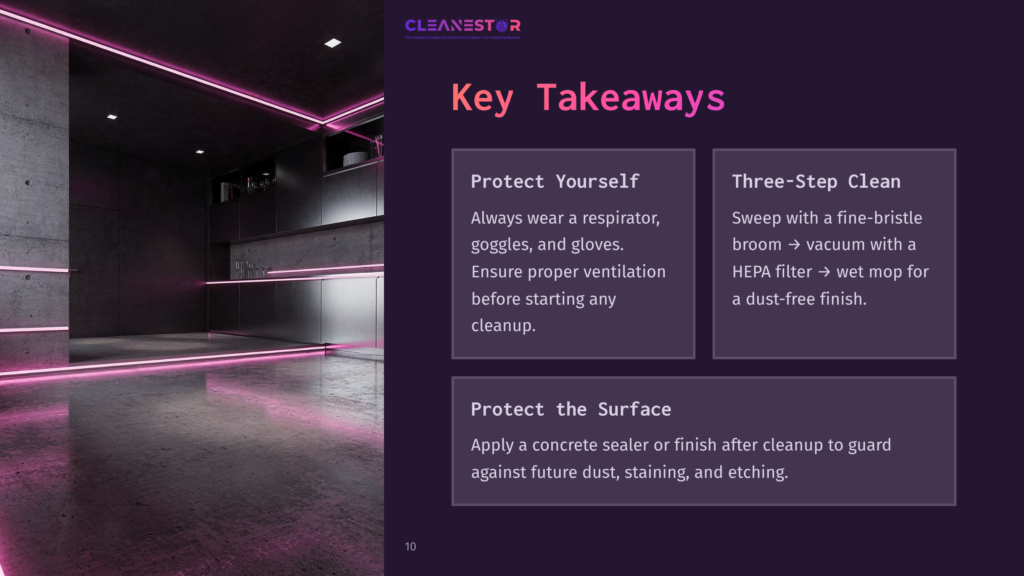 Modern Kitchen With Concrete Floors And Walls, Illuminated By Vibrant Pink Neon Strip Lighting. The Image Highlights Cleaning Tips: &Quot;Protect Yourself,&Quot; &Quot;Three-Step Clean,&Quot; And &Quot;Protect The Surface.