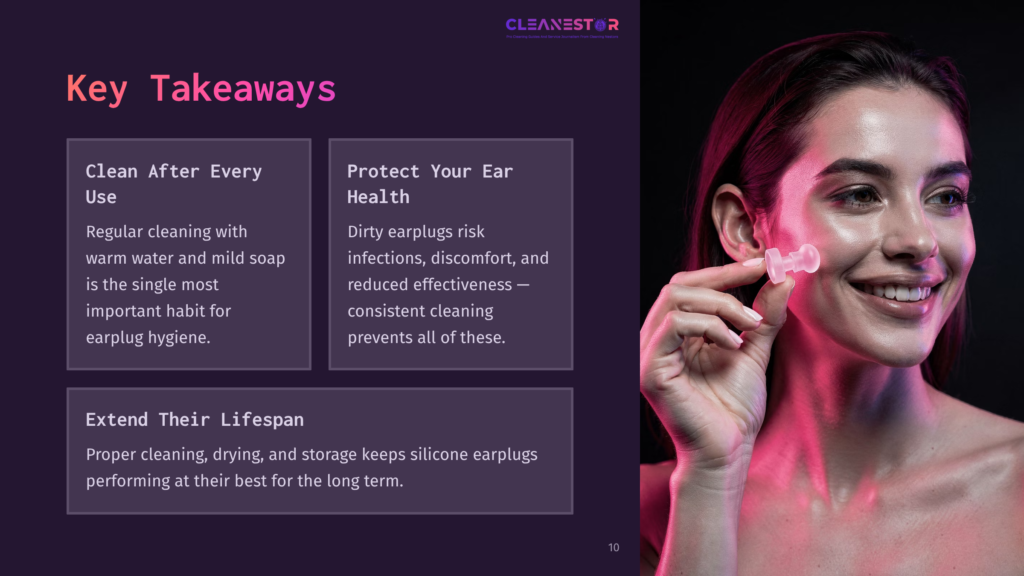A Smiling Woman With Long Dark Hair, Wearing A Pink Top, Holds A Clear Earplug Up To Her Ear. The Image Highlights The Importance Of Earplug Hygiene And Protection For Ear Health.