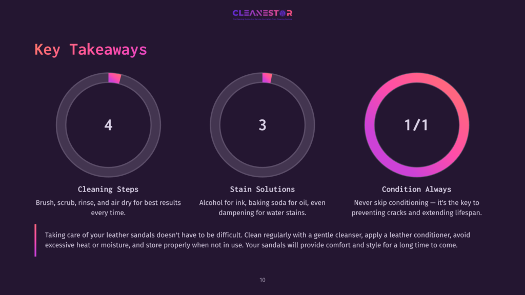 10 Key Takeaways 106 Key Takeaways From Cleanestor: 1. Cleaning Steps, 2. Stain Solutions, 3. Condition Always. Infographic On Leather Sandal Care.