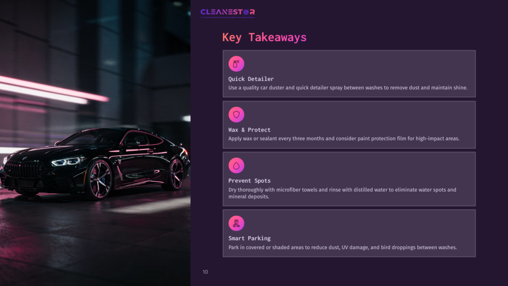 A Sleek, Black Bmw M8 Coupe Shines Under Vibrant Pink And Blue Neon Lights, Parked Indoors. The &Quot;Cleanestor Key Takeaways&Quot; Graphic Overlay Lists Tips For Car Care: Quick Detailer, Wax &Amp; Protect, Prevent Spots, And Smart Parking.
