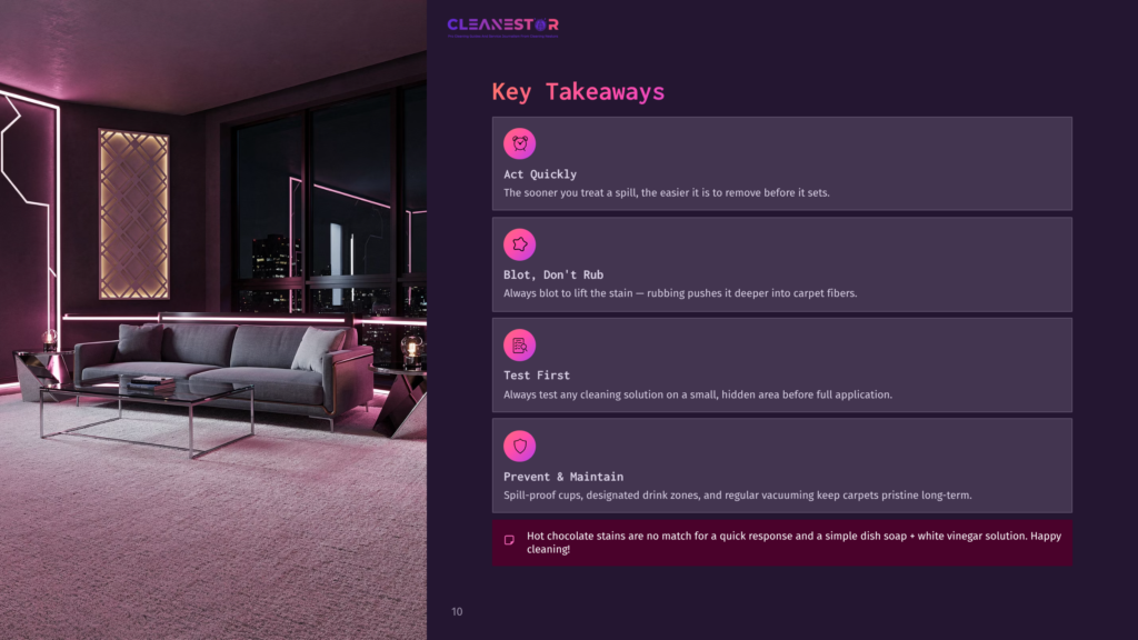 Living Room With A Modern Couch, Pink Accent Lights, And A City View At Night, Accompanied By Cleaning Tips In A Purple Layout.
