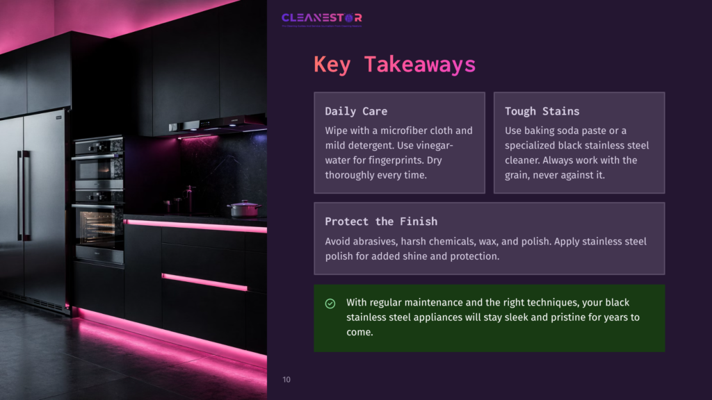 10 Key Takeaways 111 Modern Black Kitchen With Stainless Steel Appliances, Illuminated By Pink Led Lighting. Text Overlay Reads &Quot;Cleanestor Key Takeaways: Daily Care, Tough Stains, Protect The Finish.