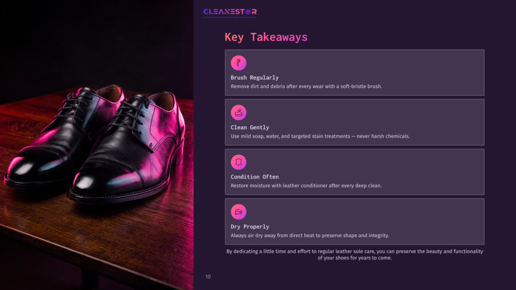 10 Key Takeaways 113 A Pair Of Polished Black Leather Dress Shoes Sits On A Wooden Surface, With The &Quot;Cleanestor&Quot; Logo And &Quot;Key Takeaways&Quot; Text Visible On The Right Side Of The Image, Outlining Shoe Care Tips.