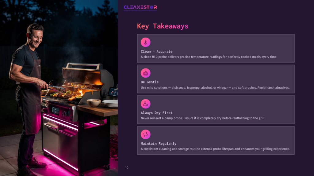 Man Grilling Outdoors At Night With A Cleanestor Grill, Which Has Pink Led Lights. Key Takeaways For Grill Probe Maintenance Are Displayed To The Right.