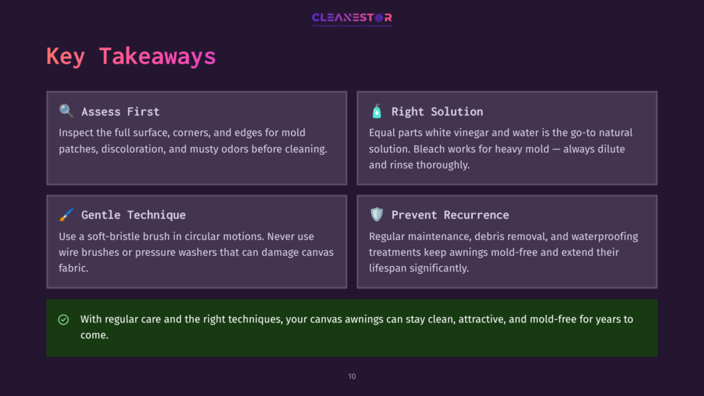 Key Takeaways For Cleaning Canvas Awnings: Assess First, Right Solution, Gentle Technique, Prevent Recurrence. Includes Tips For Mold And Mildew Removal.