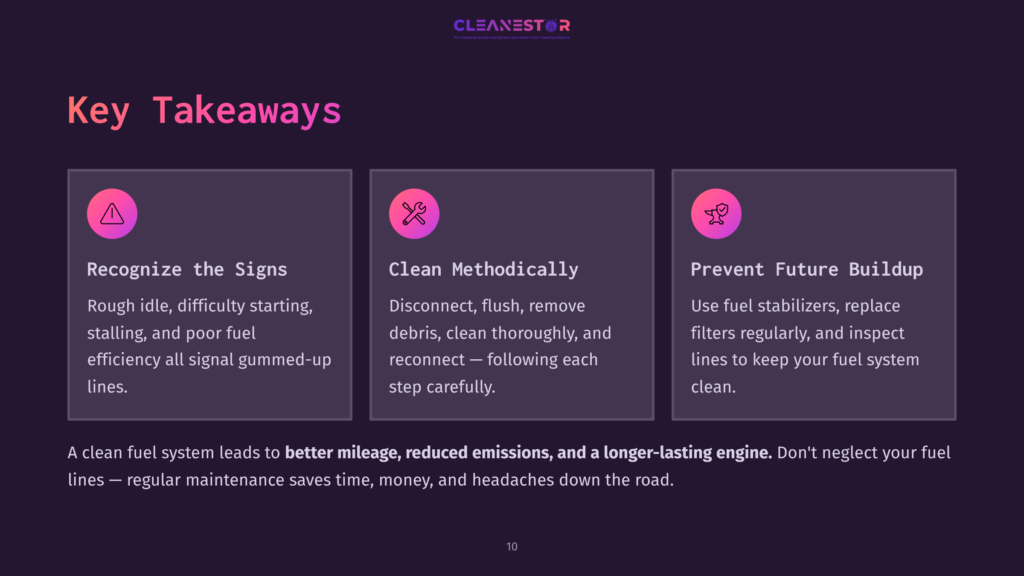 Three Pink Icons Highlight Key Takeaways: Recognizing Signs Of Clogged Fuel Lines, Cleaning Methods, And Future Prevention Tips Against Clogs.