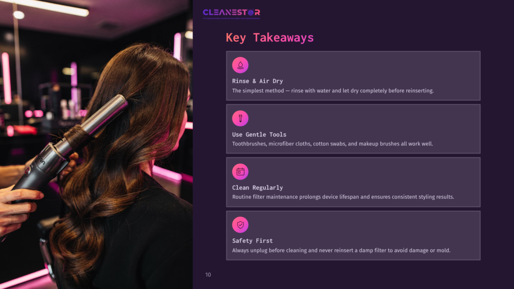 A Person Using A Dyson Airwrap With A Pink-Lit Background, Alongside Key Takeaway Points In A Sidebar Format.