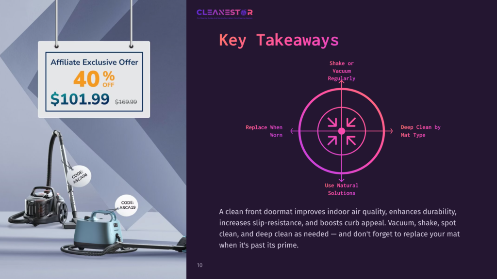 A Vacuum Cleaner And Cleaning Supplies On A Purple Background, Highlighting Key Takeaways About Doormat Cleaning Practices.