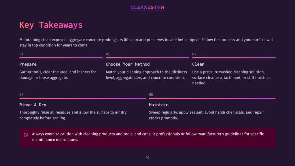 Key Takeaways Presented In A Purple And Pink Layout, Outlining Steps For Caring For Exposed Aggregate Concrete, Including Preparation, Cleaning, And Maintenance.