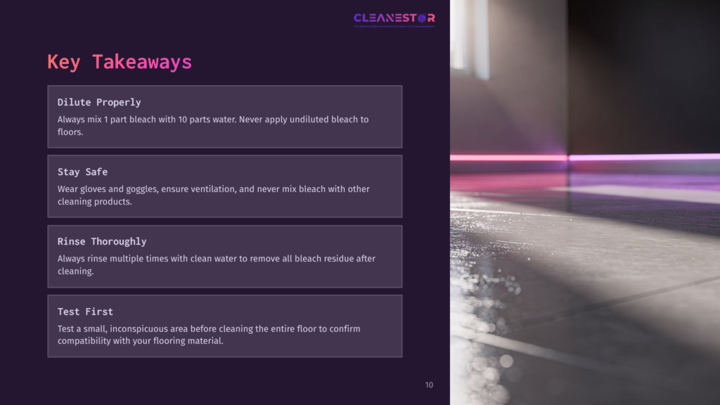 10 Key Takeaways 17 Gray Tiled Floor With Reflections, Illuminated By Soft Purple And Pink Lighting, Alongside A List Of Cleaning Safety Tips In A Dark, Modern Layout.