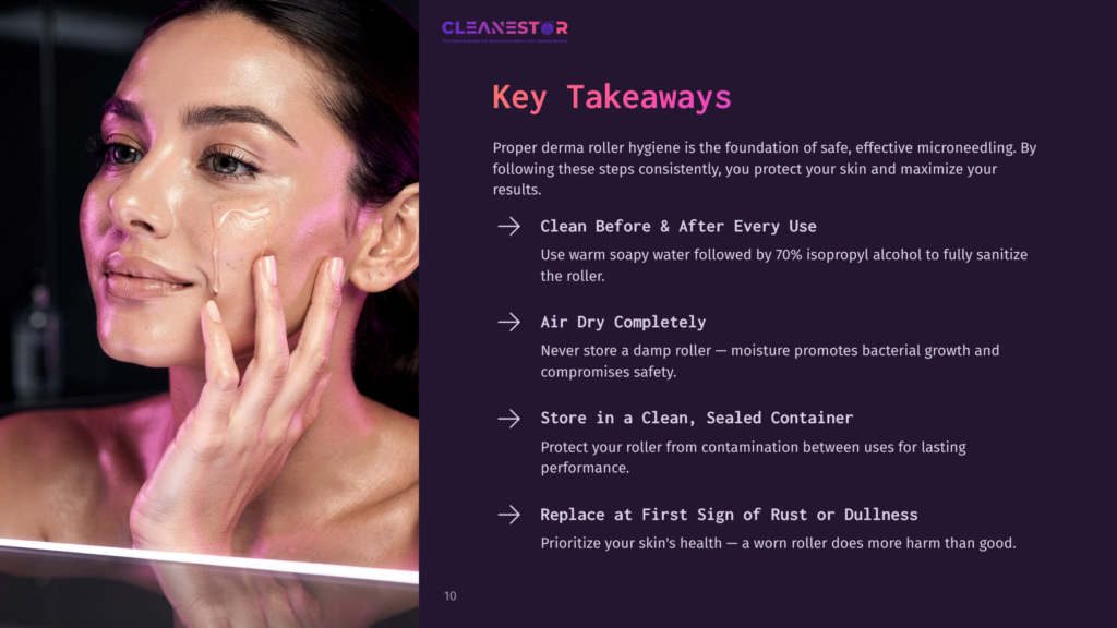 A Woman Applying A Derma Roller To Her Cheek, With Tips For Cleaning And Maintaining The Roller Highlighted In Text On A Dark Background.