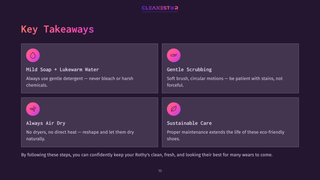 Four Key Takeaways For Cleaning Rothy'S: Mild Soap, Gentle Scrubbing, Proper Drying, And Sustainable Care Tips, Presented In A Purple Layout.