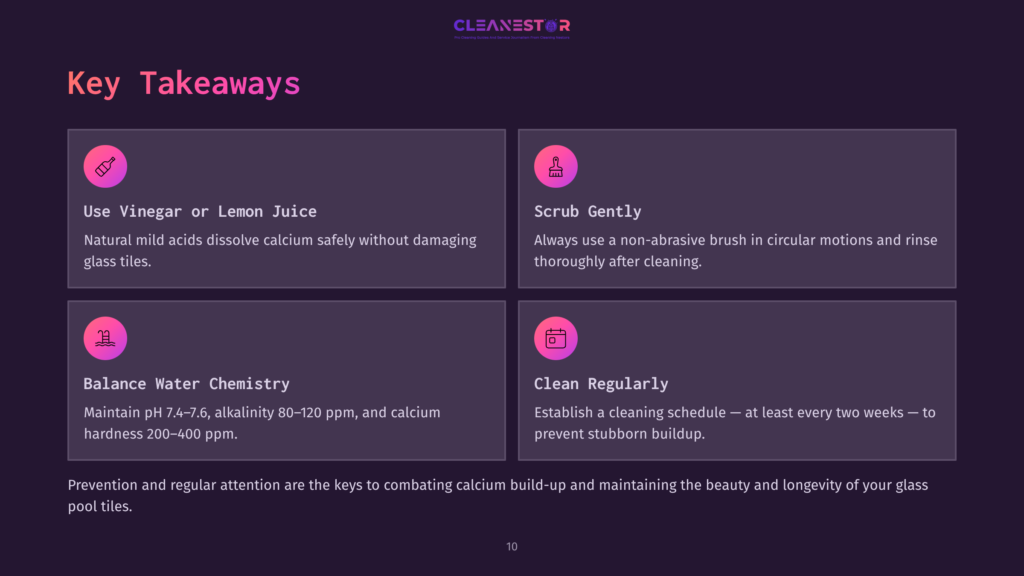 Four Key Takeaway Boxes On A Dark Background, Highlighting Natural Cleaning Methods, Chemistry Balance, And Cleaning Frequency For Pool Tiles.